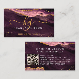 Carte De Visite Burgundy Agate Script Monogramme QR Code