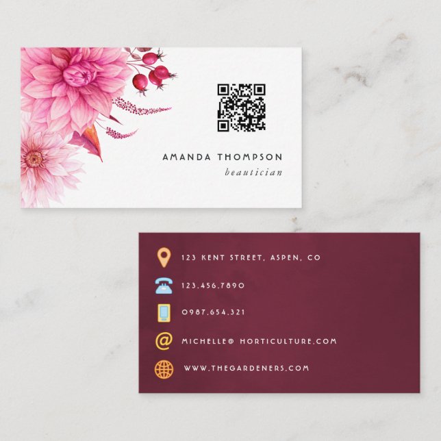 Carte De Visite Burgundy et Blush Aquarelle Florale QR Code (Devant / Derrière)