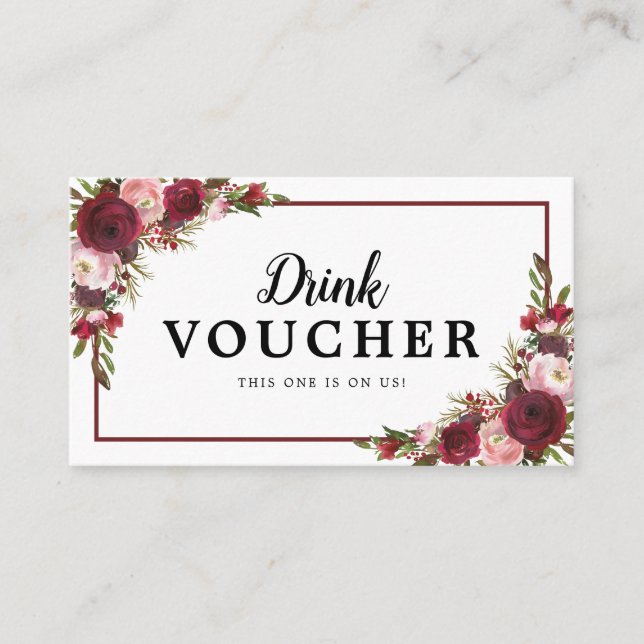 Carte De Visite Burgundy Floral Mariage Voucher boisson gratuite (Devant)