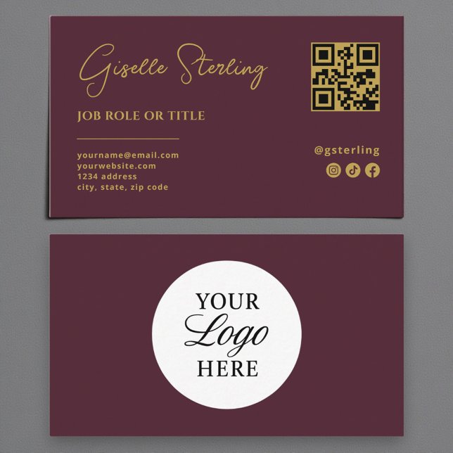 Carte De Visite Burgundy Gold Logo QR Code Professional Company (Créateur téléchargé)