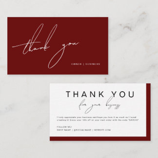 Carte De Visite Burgundy Handwritten Script Thank You Discount