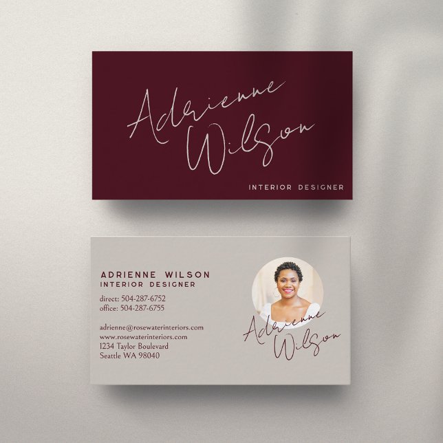 Carte De Visite Burgundy Modern Elegant Signature Minimalist Photo (Elegant Signature and Photo Business Card in Burgundy)