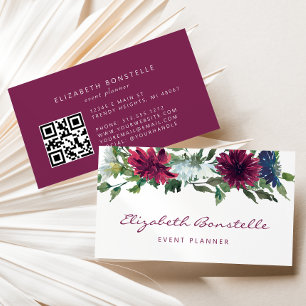 Carte De Visite Burgundy Navy Blue Watercolor Floral QR Code
