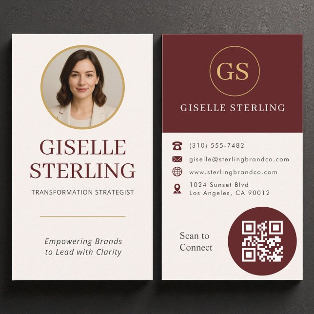 Carte De Visite Burgundy professionnel Gold Photo QR Code Moderne (Créateur téléchargé)