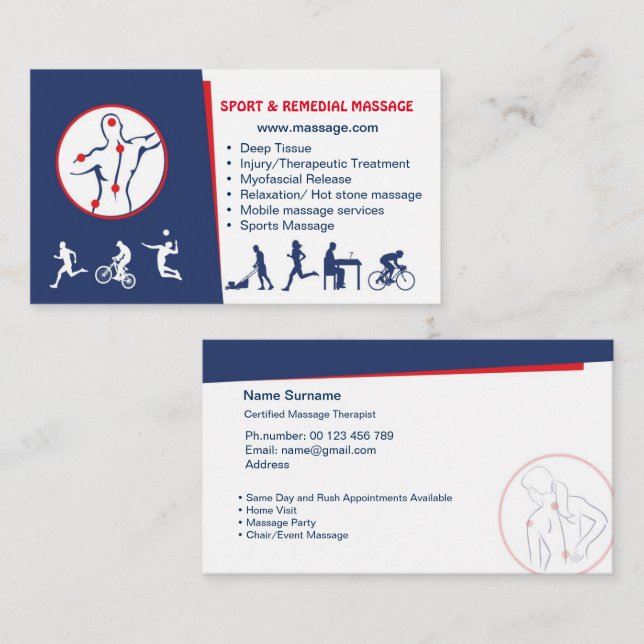 Carte De Visite business card for SPORT & REMEDIAL MASSAGE (Devant / Derrière)