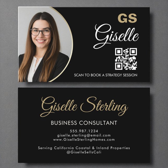 Carte De Visite Business Consultant Black Gold Photo QR Code (Créateur téléchargé)
