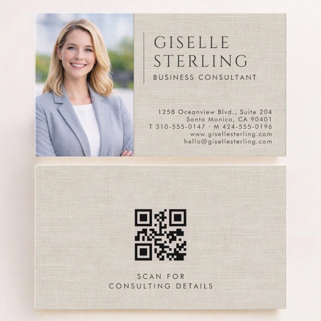 Carte De Visite Business Consultant Linen Photo QR Code (Créateur téléchargé)