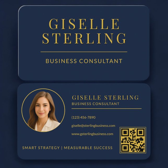 Carte De Visite Business Consultant Navy Blue Gold Photo QR Code (Créateur téléchargé)