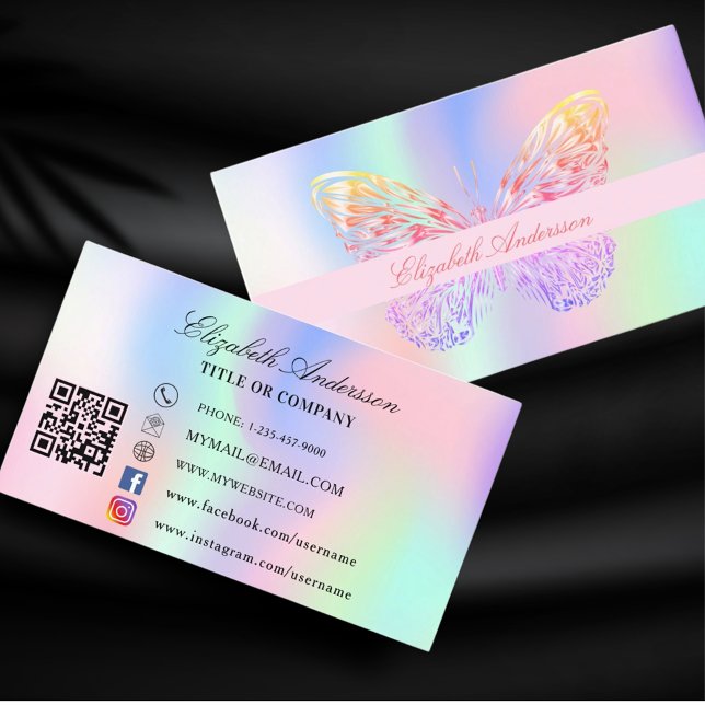 Carte De Visite Butterfly holographic rose QR code médias sociaux (Créateur téléchargé)