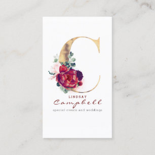 Carte De Visite C Monogramme Bourgogne Fleurs rouges et Faux Gold