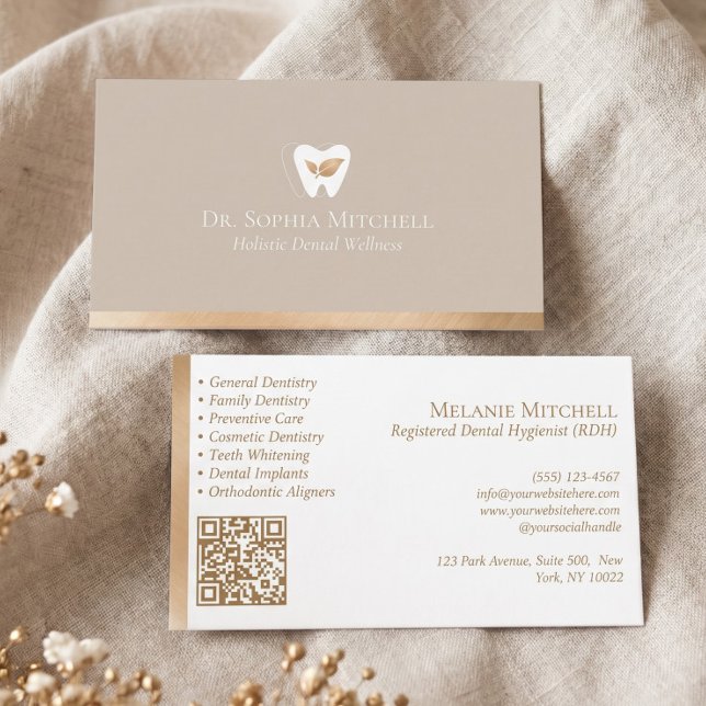 Carte De Visite Cabinet Dentaire Elegant Tooth & Leaf Code Qr Or  (Elegant Tooth & Leaf Dental Practice Gold Qr Code Business Card)