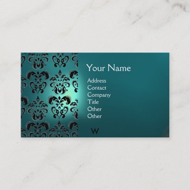 Carte De Visite CACHET DE CIRE DAMASSÉ  MONOGRAMME bleu aquamarine (Devant)