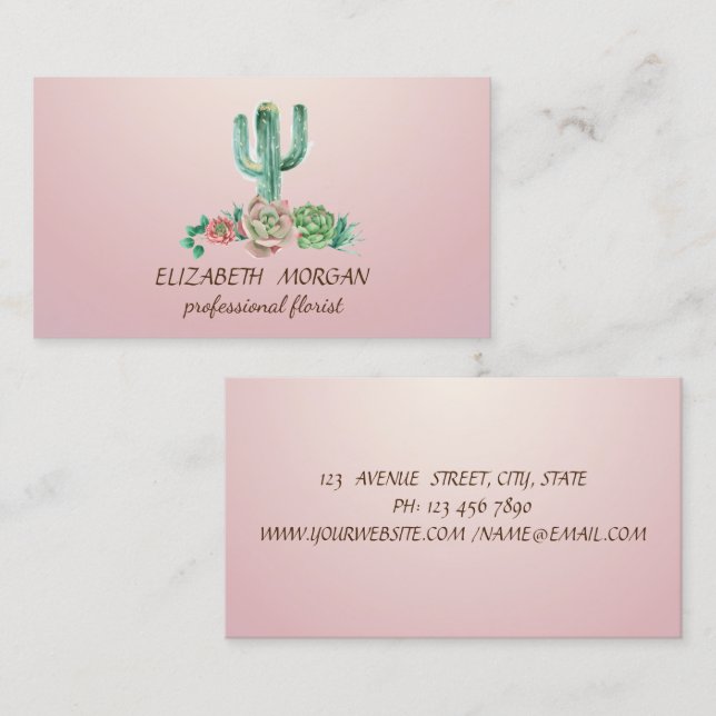 Carte De Visite Cactus à l'aquarelle Chic Professionnel (Devant / Derrière)