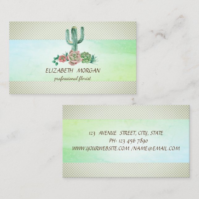 Carte De Visite Cactus élégant à rayures Succulente à points (Devant / Derrière)