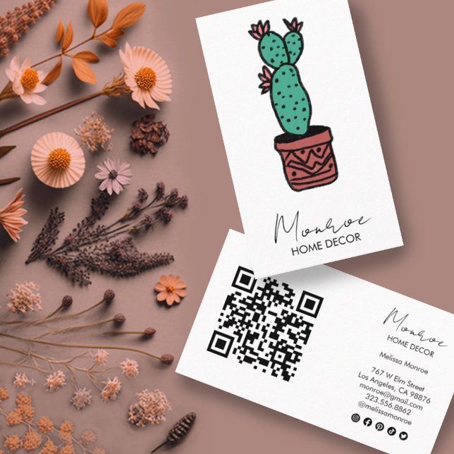 Carte De Visite Cactus Illustration Fun Boho mignon QR Icônes soci (Cactus illustration with QR code and social media icons. Custom business cards)