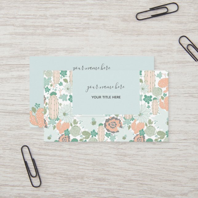 Carte De Visite Cactus Motif Coral Mint Green (Devant/Arrière en situation)