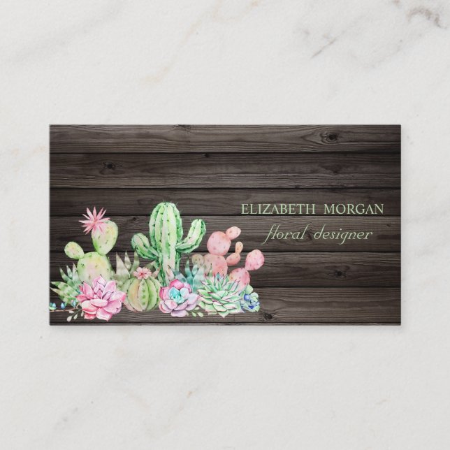 Carte De Visite Cactus Professionnel Romantique, Fleurs, Bois Somb (Devant)