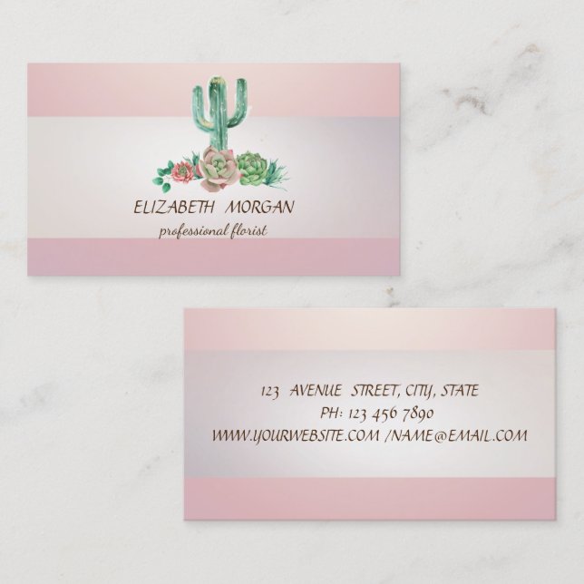 Carte De Visite Cactus succulent élégant à rayures rose (Devant / Derrière)