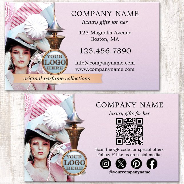 Carte De Visite Cadeaux de Luxe de Parfum Professionnel de Parfum (Elegant business card featuring a rose gold and blue perfume bottle on a magazine style background)