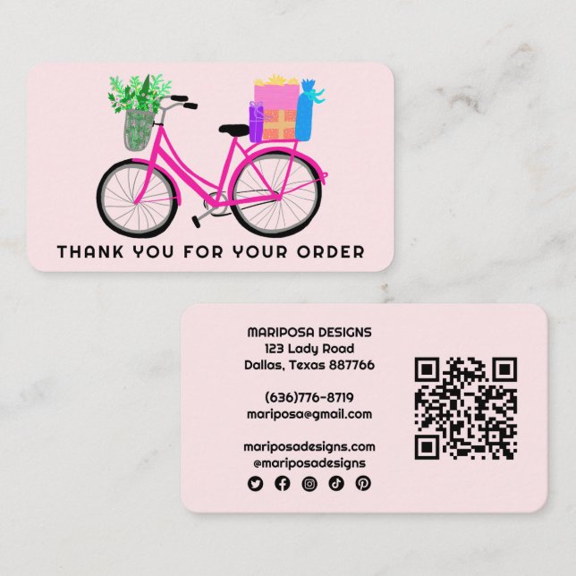 Carte De Visite Cadeaux Vélo Rose Client Commander Merci QR Code (Devant / Derrière)