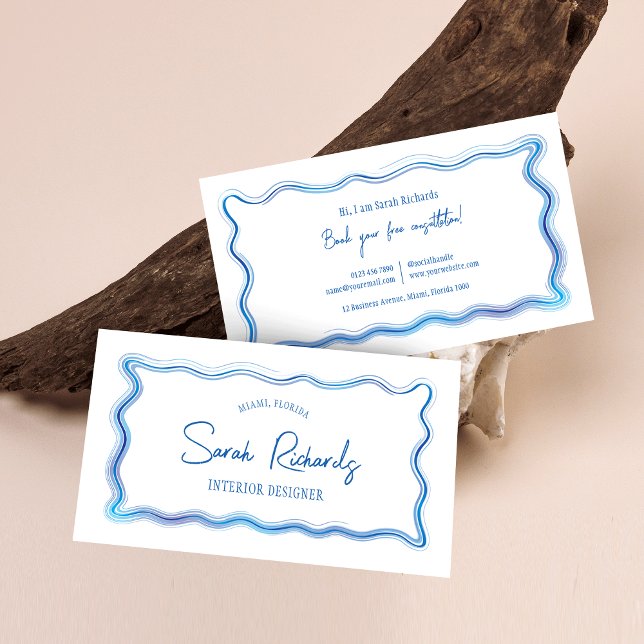 Carte De Visite Cadre Aquarelle Bleu Dessin À La Main Design éléga (Elegant blue watercolor frame business card design with handwritten style font)