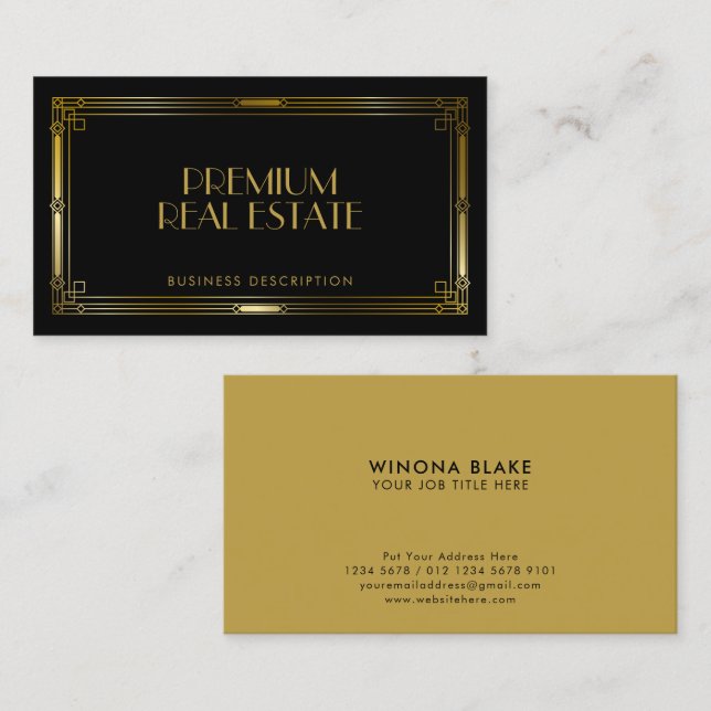 Carte De Visite Cadre Art Déco Noir & Or Luxe (Devant / Derrière)