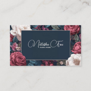 Carte De Visite Cadre bleu marine floral rose victorien foncé