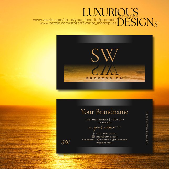 Carte De Visite Cadre chatoyant noir Motif orange et monogramme (Créateur téléchargé)