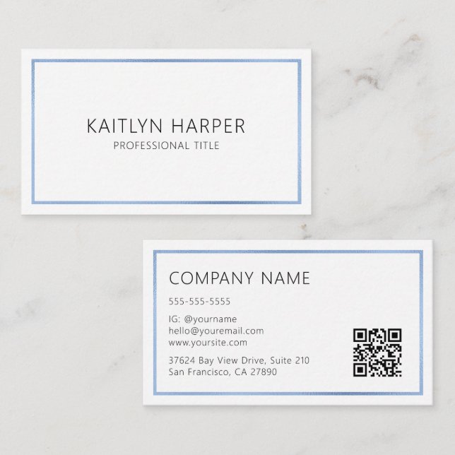 Carte De Visite Cadre de code QR minimal en feuille bleu poussiére (Devant / Derrière)