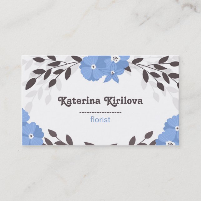 Carte De Visite Cadre de fleurs bleues et feuille (Devant)