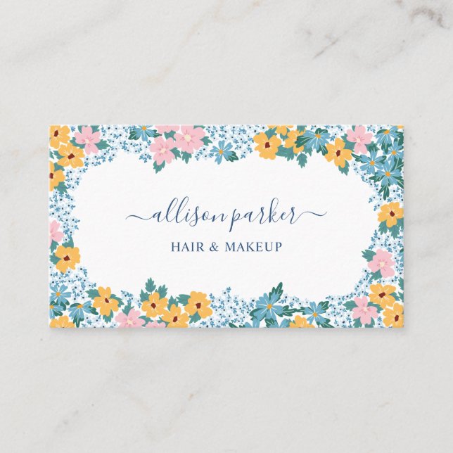 Carte De Visite Cadre de fleurs de prairie rose jaune bleu (Devant)