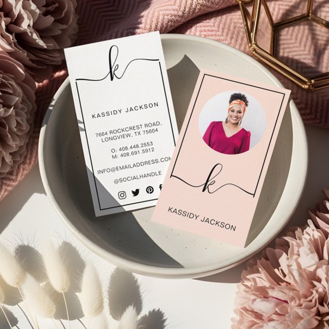 Carte De Visite Cadre de monogramme de script élégant minimal pour (Minimal Stylish Script Monogram Frame Circle Photo Business Card)