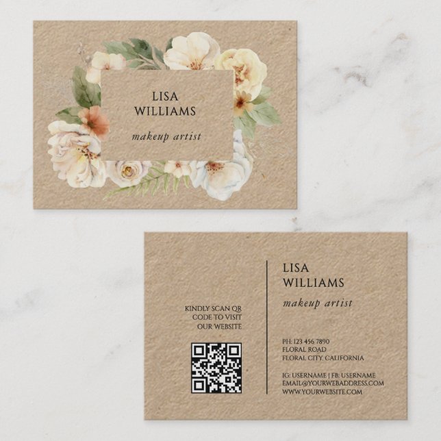 Carte De Visite Cadre de roses à l'aquarelle Kraft (Devant / Derrière)