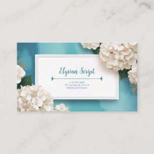 Carte De Visite Cadre doré avec fleurs d'hydrangea turquoise éléga