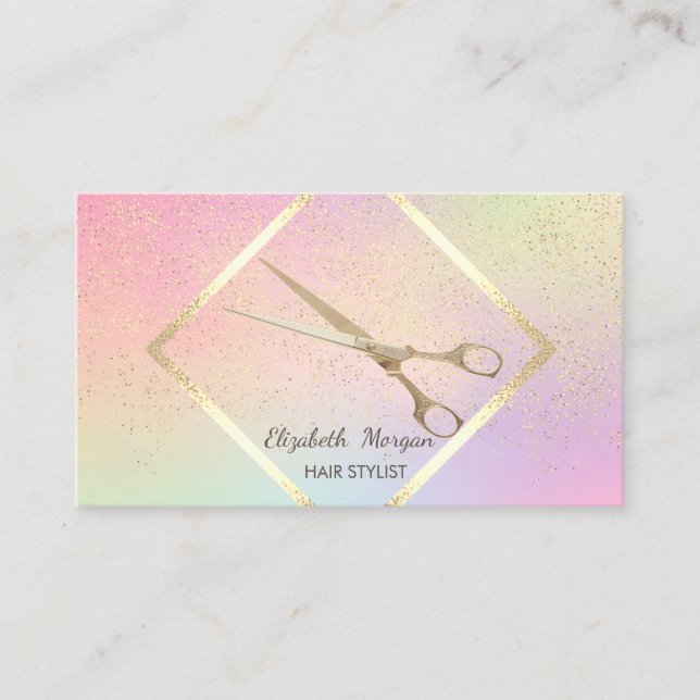 Carte De Visite Cadre Doré Moderne, Confettis, Ciseaux Holographiq (Devant)