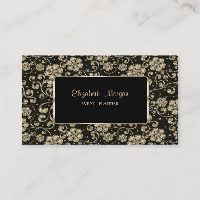 Carte De Visite Cadre élégant de luxe, fleurs dorées, stylé (Devant)