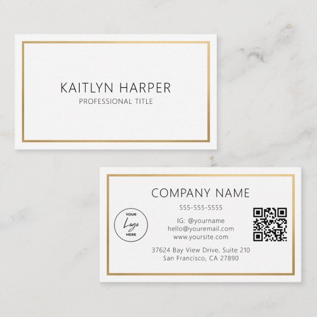 Carte De Visite Cadre élégant en feuille d'or, code QR de logo min (Devant / Derrière)