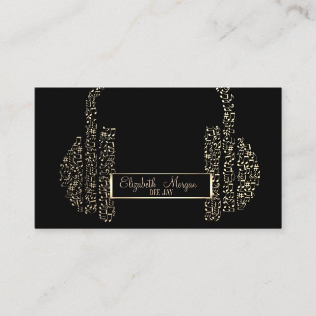 Carte De Visite Cadre élégant, notes de musique dorées casque DJ (Devant)