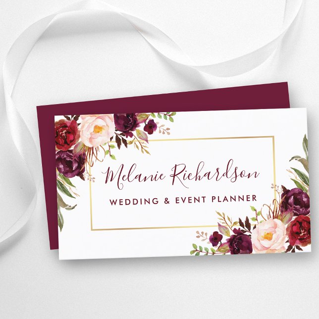 Carte De Visite Cadre Or Elégant Moderne Bourgogne Floral (Customize to change text size, color or text style.)