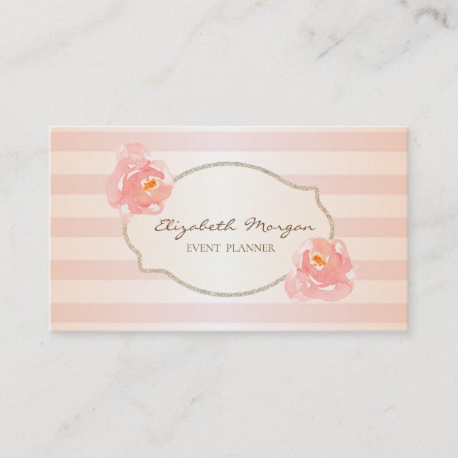 Carte De Visite Cadre rayé élégant moderne, or, roses (Devant)