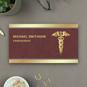 Carte De Visite Caducée Symbole Médical Professionnel en Cuir Doré