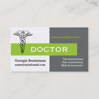 Carte De Visite Caduceus médecin minimaliste gris, blanc, vert