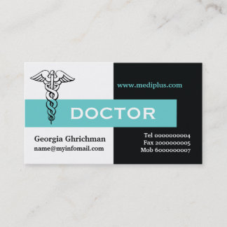 Carte De Visite Caduceus médecin minimaliste noir, blanc, aqua