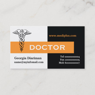 Carte De Visite Caduceus médecin minimaliste noir, blanc, orange
