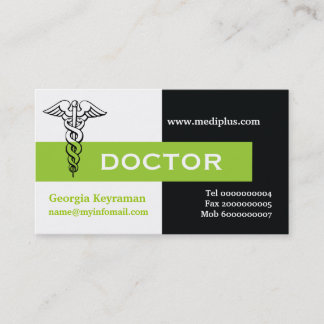 Carte De Visite Caduceus médecin minimaliste noir, blanc, vert