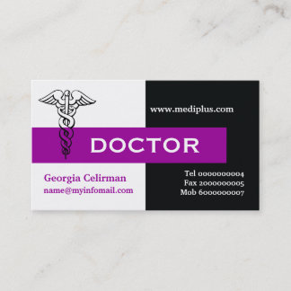 Carte De Visite Caduceus médecin minimaliste noir, blanc, violet