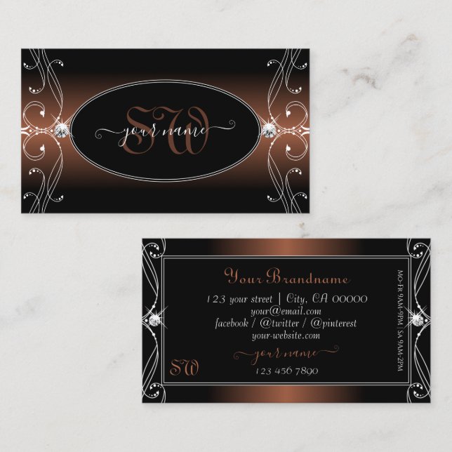 Carte De Visite Café Noir Marron Orné Étincelle Bijoux Initiales (Devant / Derrière)