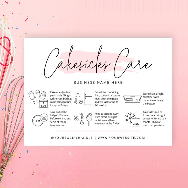 Carte De Visite Cakesicules Instructions de soins Aquarelle rose p (Feminine cakesicles care guide with icons, space for your bakery logo and thank you message)