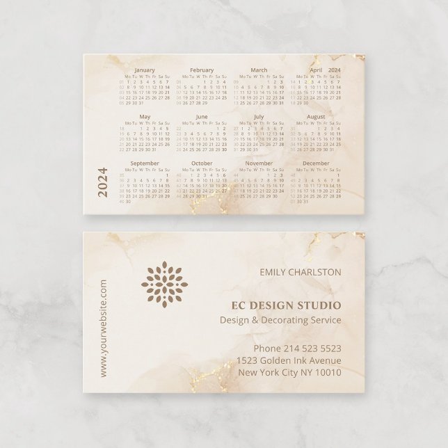 Carte De Visite Calendrier 2024 Élégant Beige Golden Ink moderne (2024 Business Card Calendar. Modern elegant gold beige watercolor background, with company logo.)