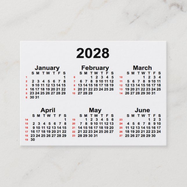 Carte De Visite Calendrier de 52 semaines 2028 blanc par Janz Cart (Devant)